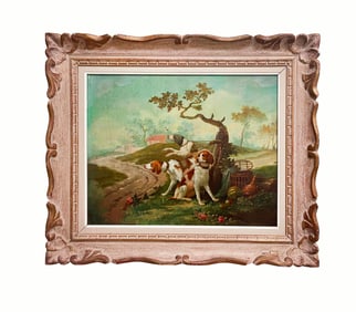 Oil on Canvas Painting of Leashed Hounds Tied to a Tree, France, 18th Century