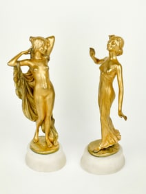 Pair Of Gilt Bronze & Marble Semi Nude Sculptures By Rudolf Podany, France, 1910