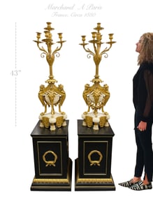 Pair Of Palatial Gilt Bronze & White Marble Candelabras