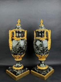 Large Pair Of 19th C. Ormolu Mounted Verde Antico Marble Vases