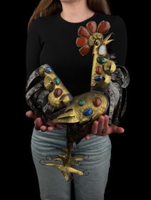 Handmade Bronze, Copper & Semi Precious Stones Sculpture in a Form of a Rooster