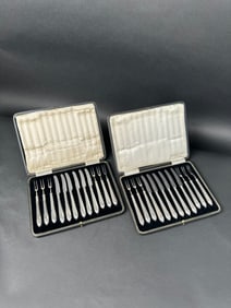 Lot Of 2 Sets Of Dessert Fork & Knife Set, British, 19th Century