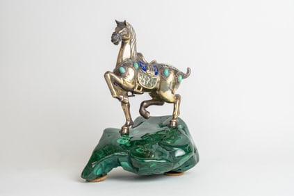 Enameled Sterling Silver Jeweled Horse Mounted On Malachite Base