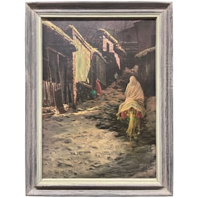 An Iranian Oil on Canvas Painting Depicting of a Street View
