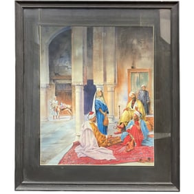 An Iranian Watercolor on Paper Painting Depicting of Persians Playing Backgammon Game.