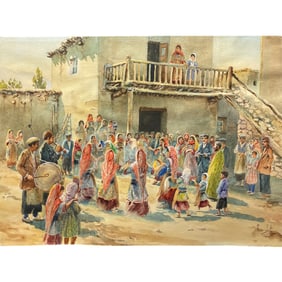 A Persian Watercolor on Paper Painting of a Persian Wedding