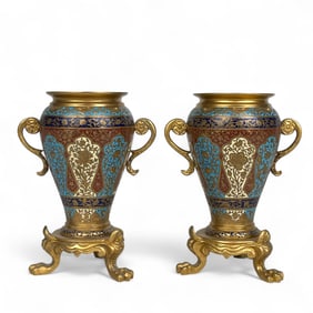 19th Century French Champleve Enameled & Gilt Bronze Vases