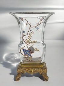 19th Century French Baccarat Chinoiserie Ormolu Mounted Enameled Glass Vase. Circa 1880