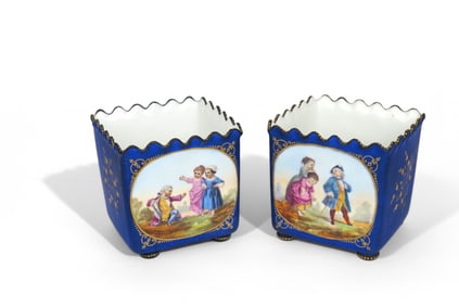 Pair Of Sevres Style Hand Painted Porcelain Decorative Flower Pots