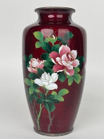 A Large Japanese Red Ground Enamel Vase With Roses