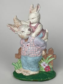 A Pair of 2 Happy Bunnies Cast Iron Doorstop
