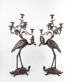 Pair Japonaise Patinated Bronze Seven Light Candelabras, France, 19th Century