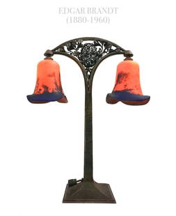 Edgar Brandt & Daum Table Lamp: One of A Kind Edgar Brandt & Daum Table Lamp, Circa 1925, Base impressed E. BRANDT, Wrought iron and glass. H 19.1/4"
