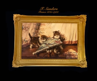 Cats Playing , Oil on Canvas By F. Sanders, 19th C.