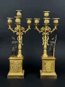 Pair Of French Empire Gil & Patinated Bronze Candelabras By Thomire