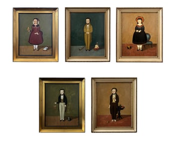 Lot Of 5 American School Folk Art Oil On Canvas Paintings