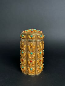 Late 19th / Early 20th Century Enameled Gilt Silver Filigree Jeweled Decorative Box