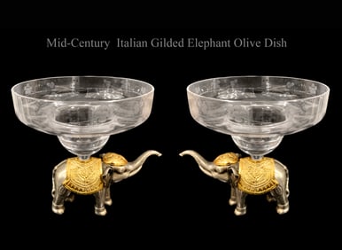 Pair of Mid-Century Italian Gilded Elephant Mounted Crystal Olive Dishes