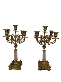 19th Century Bronze, Champleve Enamel & Cut Crystal Candelabras