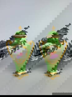 Pair of Coalport Hand Painted Urns: Pair of Coalport Hand Painted Urns. H: 7” x W: 4”