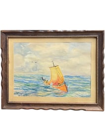 Watercolor Paining of a Boat Floating on the Ocean Signed By Artist