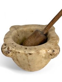 A Large Carved White Marble Mortar & Wooden Pestle