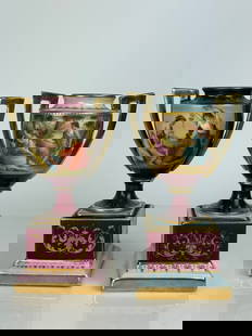 Pair of 19th Century Royal Vienna Hand Painted Vases: Pair of 19th Century Royal Vienna Hand Painted Vases. H: 6-1/2&rdquo;
