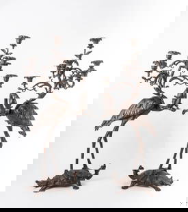 Pair Japonaise Patinated Bronze Seven Light Candelabras, France, 19th Century: A Pair of French Japonaise patinated bronze seven light candelabras. Circa 1880. Based on a Japanese model, each as a flamingo holding a budding twig and standing on the back of a mythical tortoise. M