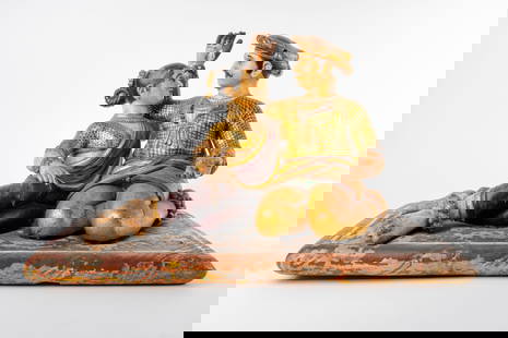 18th C. Indian Polychrome Carved Wood Figural Sculpture: An Indian Polychromed Carved Wood Figural Sculpture Of A Couple. North India, Circa 18th Century.24"X15"X15" (60X38x38cm)