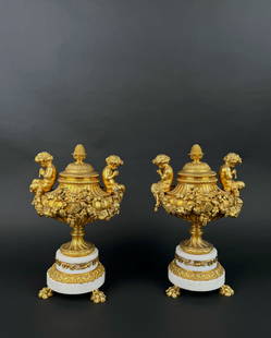 Pair Of White Marble Ormolu Mounted Urns, France, Circa 19th C.: Pair Of White Marble Ormolu Mounted Urns, France, Circa 19th Century. 12"x7"