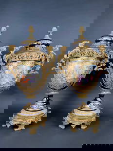 19th Century Pair Of French Ormolu Sevres Porcelain Urns: 19th Century Pair Of French Ormolu Sevres Porcelain Urns. H: 28-1/2" W: 14" D: 9"