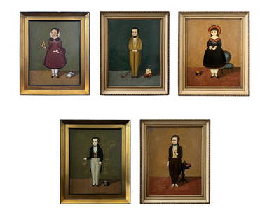 Lot Of 5 American School Folk Art Oil On Canvas Paintings: Lot Of 5 American School Folk Art Oil On Canvas Paintings. Circa 1890. 21"x17"