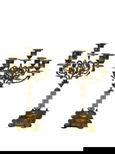 19th Century Bronze, Champleve Enamel & Cut Crystal Candelabras: 19th Century Bronze, Champleve Enamel & Cut Crystal Candelabras. 15” x 8”