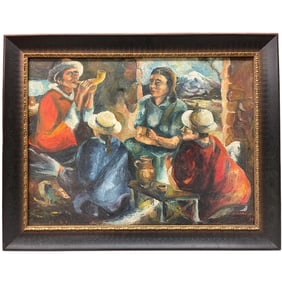 A 20th Century Mexican Oil on Canvas Painting of a Musical Scene, Signed By R. Gutierrez