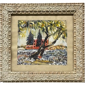 An Impressionist Watercolor on Paper Painting of a Landscape