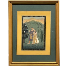 An Indian Watercolor on Paper Painting of a Loving Couple