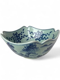 19th Century Chinese Blue & White Canton Porcelain Cut-Corner Bowl Landscape Decoration
