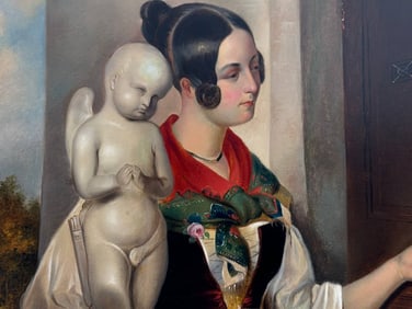 An Oil on Board Painting Depicting a Lady Selling Sculptures, Italy, 19th Century
