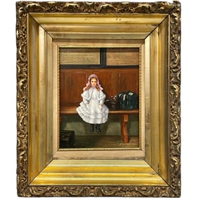 An Oil on Board Painting Depicting a Seated Young Girl at a Train Station