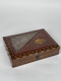 A Fine Persian Hand Painted, Khatam Kari Mounted Silver Jewelry Box