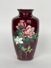 A Japanese Red Ground Enamel Vase With Roses