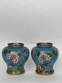 Pair Of Chinese Cloisonné Enamel Blue Ground Vases