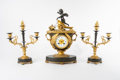 19th Century Patinated & Ormolu Empire Striking Mantel Clock Set Pendule Au Vase