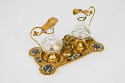 19th Century French Champleve Enamel Over gilt Bronze & Baccarat Crystal Cruet Set