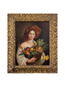 18th Century Oil On Copper Painting Of A Woman Holding A Fruit's Basket.