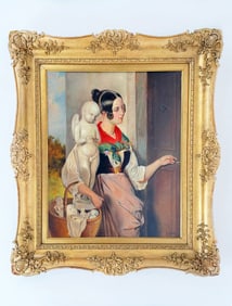 An Oil on Board Painting Depicting a Lady Selling Sculptures, Italy, 19th Century