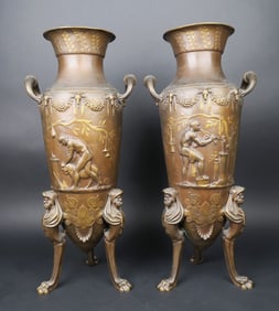Large Pair of French Gilt and Patinated Bronze Urns,  Barbedienne, Circa 1880