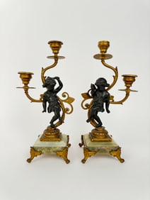 Pair Of Gilt & Patinated Art Nouveau Candelabras Mounted On Onyx