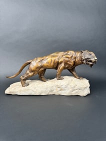 Patinated Bronze Mounted On Marble Sculpture Figure Of A Lion