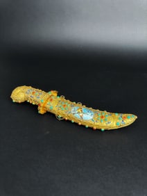 Late 19th / Early 20th  Century Enameled Gilt Silver Filigree Jeweled Decorative Dagger